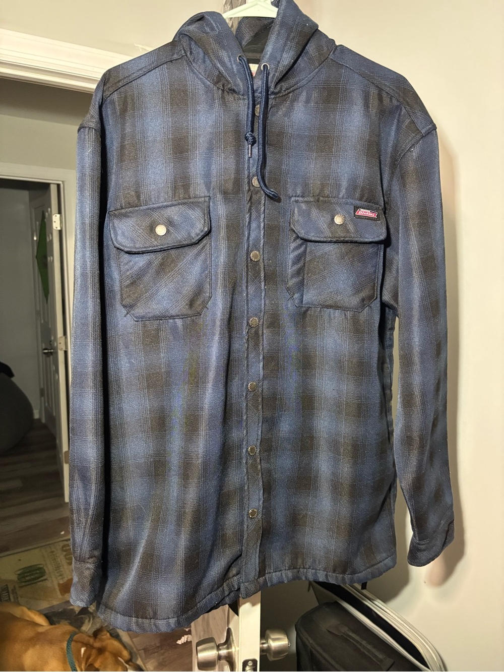 Dickies Blue Fleece Hooded Winter Flannel Heavy Jacket Button Work Button Up